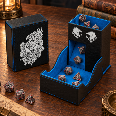 Custom Printed Foldable Leather Dice Tower with Tray, Portable Dice Tower with Tray & Storage, Including Acrylic D20 and Reusable Drawstring Dice Bag