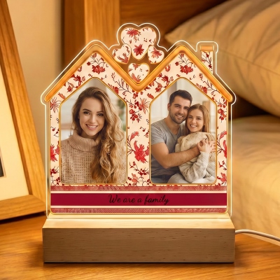 Personalized Two Photos Floral House‑shaped Acrylic LED Night Light with Text, Family Pictures Keepsake Lamp, Housewarming/Christmas Gift for Family