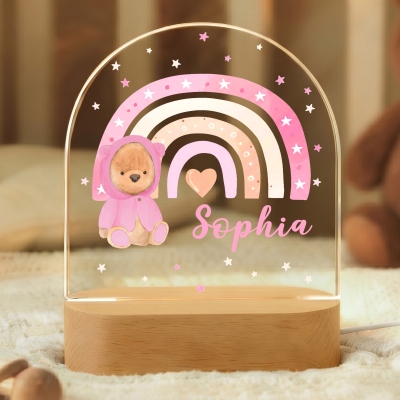Custom Name Rainbow Cartoon Animal LED Night Light, Acrylic Night Lamp with Wooden Base, Children’s Day/Baby Shower/Birthday Gift for Kids/Newborns