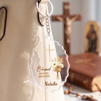 Personalized Name Bible Verse Cross Bouquet Acrylic Keychain, Religious Keepsake, Birthday/Baptism/Christmas Gift for Christian Family/Friends/Women