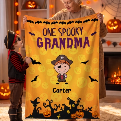Personalized One Spooky Grandma & Cartoon Character Grandkids Blanket with Names, Flannel/Sherpa Throw for Bed Couch, Halloween Gift for Grandma