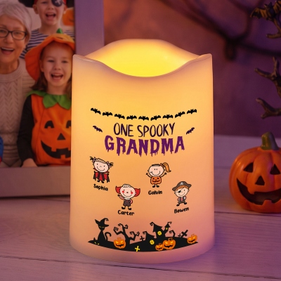Personalized One Spooky Grandma & Cartoon Character Grandkids LED Flameless Candle with Names, Trick or Treat Party Decor, Halloween Gift for Grandma