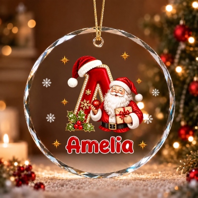 Personalized Velvet Effect Santa Hat Alphabet Christmas Ornament with Name, Glass Holiday Tree Hanging Decor, Christmas Gift for Kids/Family