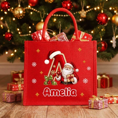 Custom Name Velvet Effect Santa Hat Alphabet Christmas Tote Bag, Large Capacity Red Jute Bag, Holiday Party Favor, Christmas Gift for Kids/Family