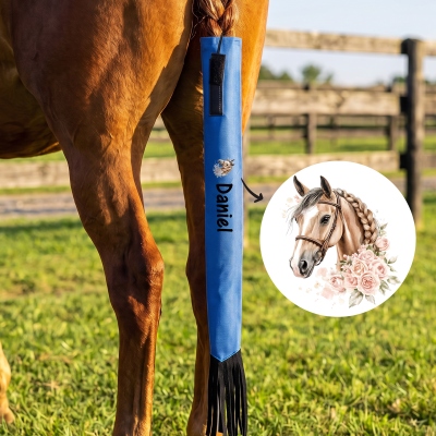 Personalized Name Rose Horse Design Horse Tail Bag, Tail Protector with Fringe, Barn Use Horse Show Accessories, Gift for Horse Owners/Equestrians
