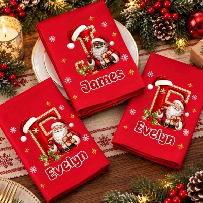 Custom Name Velvet Effect Santa Hat Alphabet Christmas Napkin, Party Dinner Red Napkin, Holiday Dish Towel, Housewarming/Christmas Gift for Family