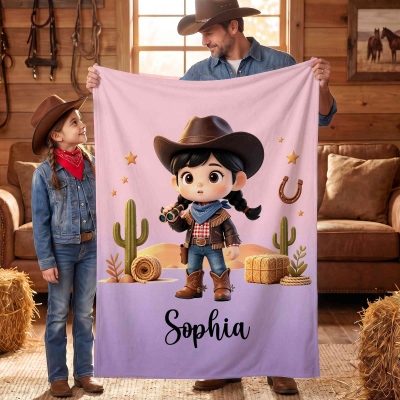 Personalized Cactus Cartoon Character Photo Soft Throw Blanket with Name, Home Decor, Birthday Gift for Kids/Cowgirls/Cowboys