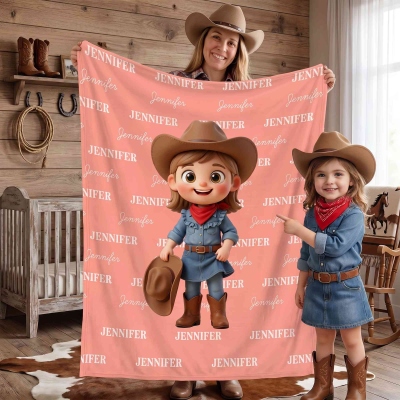 Personalized Cartoon Western Cowgirl Cowboy Kid Photo Soft Throw Blanket with Name, Home Decor, Birthday Gift for Kids/Boys/Girls
