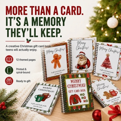 Christmas Gift Card Book, Spiral Bound Holiday Gift Card Holder Book, 12 Themed Pages, Christmas Keepsake for Teens/Family