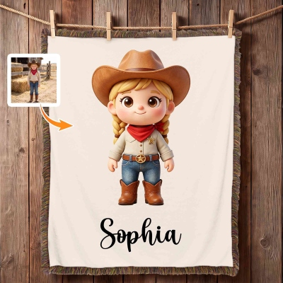 Personalized Cartoon Cowgirl Cowboy Soft Throw Blanket with Name and Tassel, Home Decor, Birthday/Christmas Gift for Kids/Cowboy Lovers