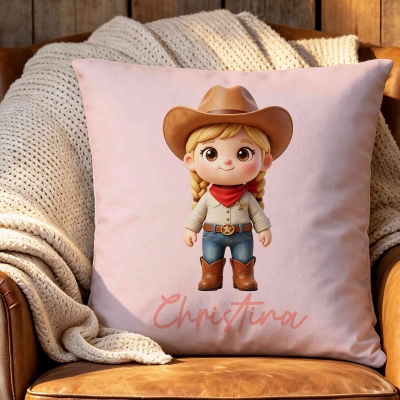 Personalized Multicolor Funny 3D-Style Design Cartoon Photo Throw Pillow Cover with Name, Home Decor, Birthday Gift for Cowgirl/Cowboy