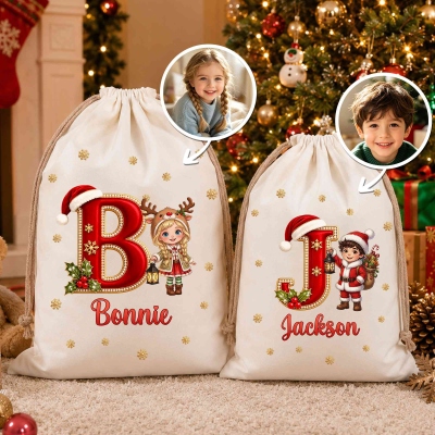 Personalized Photo Design Santa Claus Gift Bag with Name and Initial, Reusable Storage Sack, Holiday Party Favor, Christmas Gift for Family/Friends