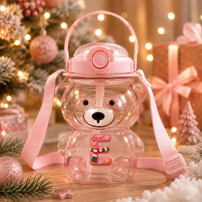 Custom Christmas Initial Gummy Bear Water Bottle, Leakproof Portable Drink Cup with Shoulder Strap, Daily Outdoor Accessory, Christmas Gift for Kids