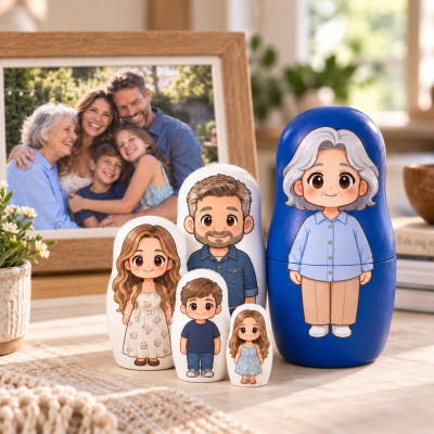 Personalized Family Nesting Dolls with Photo & Text, Wooden Portrait Stacking Matryoshka Dolls, Tabletop Home Display Decor, Memory Gift for Love Ones