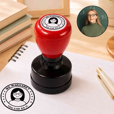 Personalized Cartoon Teacher Portrait Multicolor Self-Inking Stamp with Title Surname and Text, Teacher's Day/Appreciation/Birthday Gift for Teachers