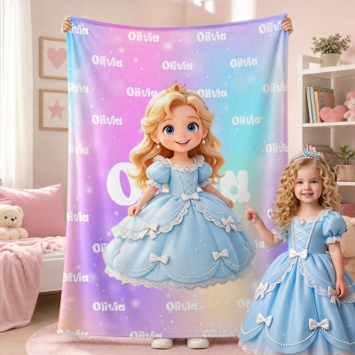 Personalized Multicolor Cartoon Princess Character Photo Soft Throw Blanket with Name, Home Decor, Birthday Gift for Girls