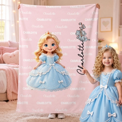 Personalized 3D-Effect Artwork Cartoon Princess Photo Multicolor Soft Throw Blanket with Name, Home Decor, Baby Shower/Birthday Gift for Girls