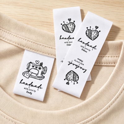 Custom Name Heart Pincushion/Scissors/Yarn Ball Design Cotton Sewing Labels (Set of 50), Handmade Fabric Name Tags, Gifts for Knitters/Craft Lovers