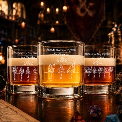 Personalized DND Whiskey Glass, Custom Team Class Character Silhouettes & Player Names, Friends That Slay Together Stay Together DND Rocks Glass