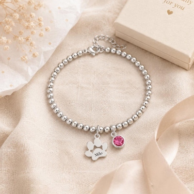 Personalised Paw Print Beaded Bracelet With Birthstone, Custom Engraved Name, Pet Lover Gift, Gift For Her