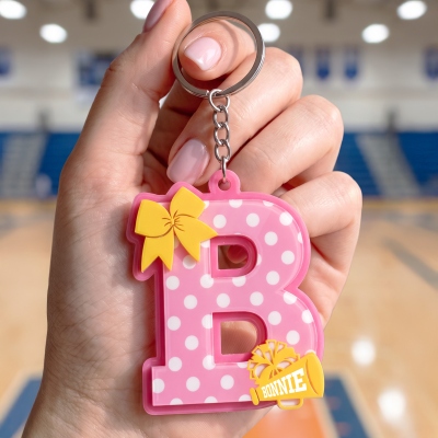 Personalized Polka Dot Alphabet Bow Cheer Megaphone Keychain with Name, Backpack Charm, End of Season/Birthday Gift for Cheerleaders/Teammates