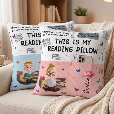 Personalized This Is My Reading Pillow Cartoon Character Pocket Pillow Cover with Birth Flower and Name, Birthday Gift for Readers/Book Lovers