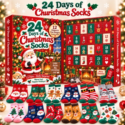 24 Days of Christmas Socks Advent Calendar, 12-Pair Mystery Sock Gift Box, Random Festive Designs, Holiday Countdown Christmas Gift for Kids/Women