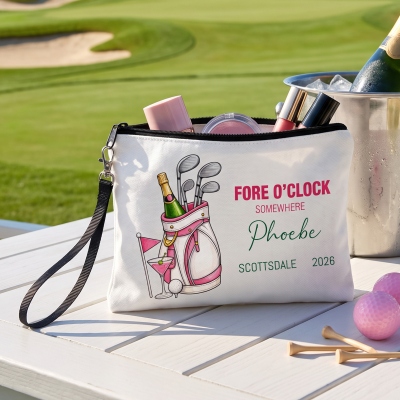 Custom Name Fore O’clock Somewhere Golf Cosmetic Bag, Linen Makeup Pouch with Wristlet, Bachelorette Party Favor, Gift for Women Golf Lovers/Players