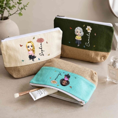Personalized Cartoon Character Birth Flower Linen Patch Canvas Makeup Bag with Name, Travel Toiletry Use, Birthday Gift for Her