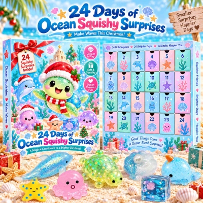 24 Days Ocean Squishy Advent Calendar, 24 Unique Surprise Sea Animal Squishies, Different Mix in Every Box, Christmas Countdown Gift for Kids & Girls