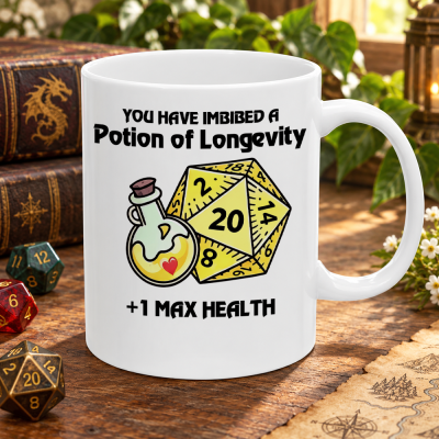 D&D Potion of Longevity Ceramic Mug, +1 Max Health Healing Potion D20 Dice Coffee Cup, Fantasy DND Tea Cup Gifts