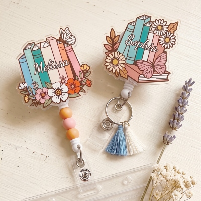 Personalized Name Book Floral Butterfly Badge Reel with Beads/Tassels, Retractable ID Badge Holder, Gift for Book Lovers/Librarians/Teachers
