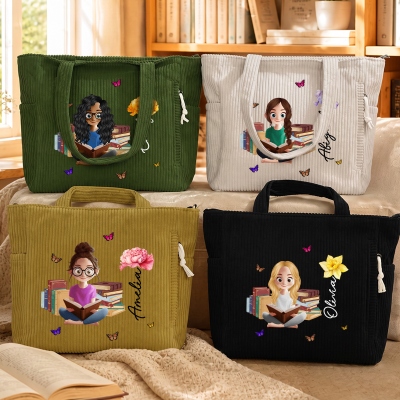 Personalized Birth Flower Cartoon Reading Girl Large Capacity Corduroy Tote Bag with Name, Birthday/Christmas Gift for Librarians/Book Lovers