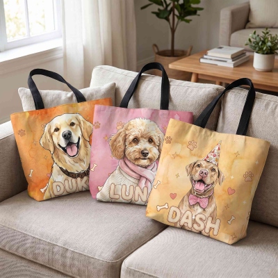 Personalized Watercolor Style Pet Photo Bone Paw Print Tote Bag with Zipper and Name, Daily Outdoor Use, Travel/Birthday for Pet Lovers
