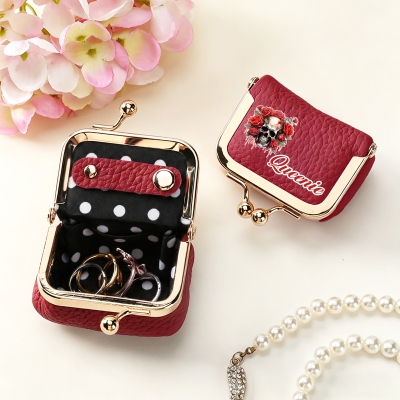Personalized Name Birth Flower Skull Kiss Lock Leather Mini Jewelry Box, Vintage-inspired Travel Coin Purse, Birthday/Halloween Gift for Women