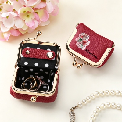 Personalized Name Watercolor Birth Flower Kiss Lock Leather Mini Jewelry Box, Vintage Travel Coin Purse, Birthday/Wedding Gift for Women/Bridesmaids
