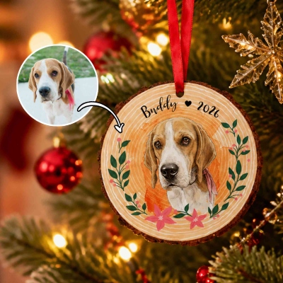 Personalized Wreath Christmas Tree Pet Photo Wooden Christmas Ornament with Name and Year, Christmas Gift for Pet Lovers/Dog/Cat Owners