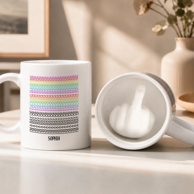 Custom Name Rainbow 3D Middle Finger Inside Ceramic Mug, 11oz Funny Sassy Novelty Coffee Cup, Birthday/Funny Gag Gift for Family/Friends/Colleagues