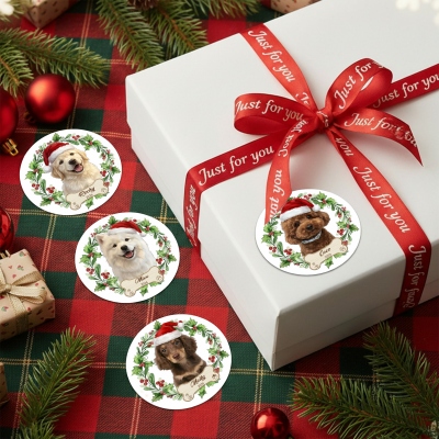 Personalisierte Stechpalmenkranz-Knochen-Weihnachtsmannmütze-Aufkleber mit Haustierfoto, wasserfest, mit Text, Geschenkdekoration, Weihnachtsgeschenk für Tierliebhaber