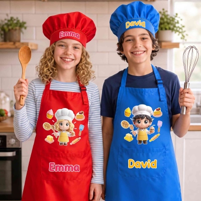 Personalized Cute Cartoon Photo Design Adjustable Kid Apron Chef Hat Set with Name and Pocket, Cooking/Birthday Gift for Boys/Girls