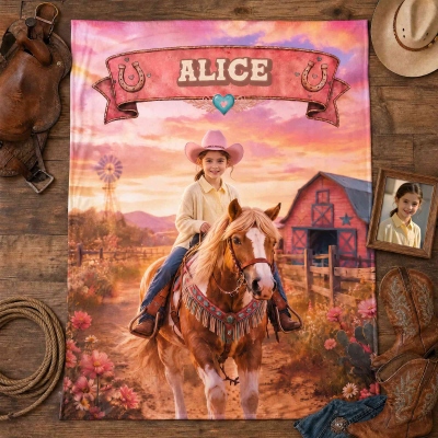 Personalized Name & Photo Little Cowgirl Blanket, Flannel/Sherpa Throw for Bed Couch, Western Rustic Ranch Blanket, Gift for Little Rodeo Girls