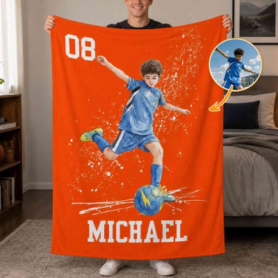 Personalized Watercolor Sports Photo Soft Throw Blanket with Name and Number, Home Decor, Birthday Team Gift for Kids/Sports Lovers