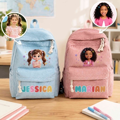Personalized 3D-Effect Artwork Cartoon Kid Character Photo Star Corduroy Backpack with Name, Back to School/Birthday Gift for Kids/Boys/Girls