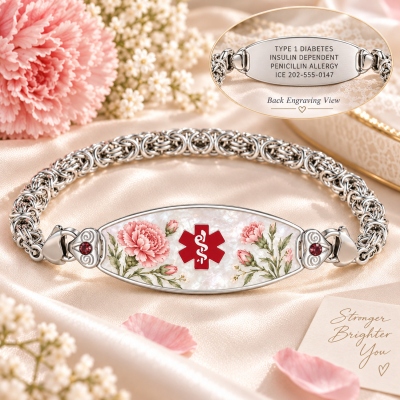 Personalized Birth Flower Medical Alert Bracelet with Birthstone, Mother of Pearl Emergency ID Jewelry, Birthday/Anniversary Gift for Mom/Grandma