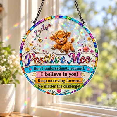 Custom Name Highland Cow Stained Glass Suncatcher, Positive Moo Inspirational Window Hanging, Housewarming/Birthday Gift for Women/Highland Cow Lovers