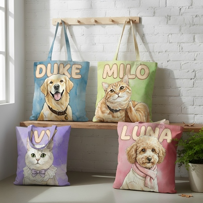 Personalized Watercolor Pet Portrait Reusable Canvas Tote Bag with Name and Photo, Daily Use, Birthday Gift for Women/Pet Owners Lovers