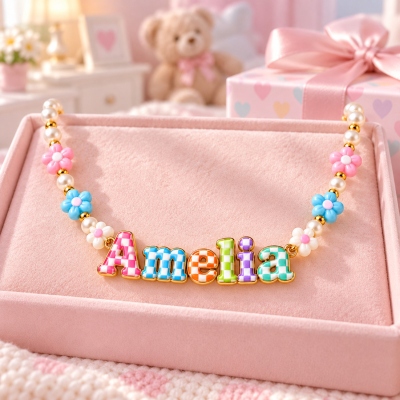 Personalized Name Necklace, Checkerboard Enamel Letter Pendant, Flower & Pearl Beaded Chain, Cute Kids Jewelry, Birthday Gift for Little Girls