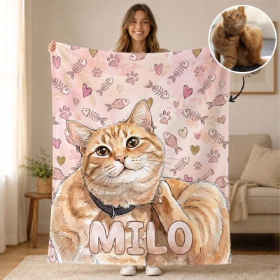 Personalized Watercolor Fish Bone Pet Photo Soft Throw Blanket with Name, Daily Use, Birthday/Pet Adoption Gift for Dog/Cat/Pet Owner Lover
