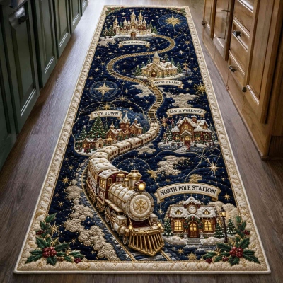 Christmas North Pole Express Train 3D Illusion Runner Rug, Snow Tunnel & Holiday Village Hallway Floor Mat, Christmas Gift for Family/Kids/Train Lover