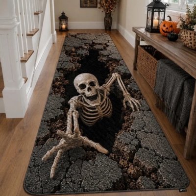 Halloween 3D Optical Illusion Runner Rug, Skeleton Rift & Zombie Cellar Hallway Floor Mat, Spooky Home Decor, Halloween Gift for Horror Lovers